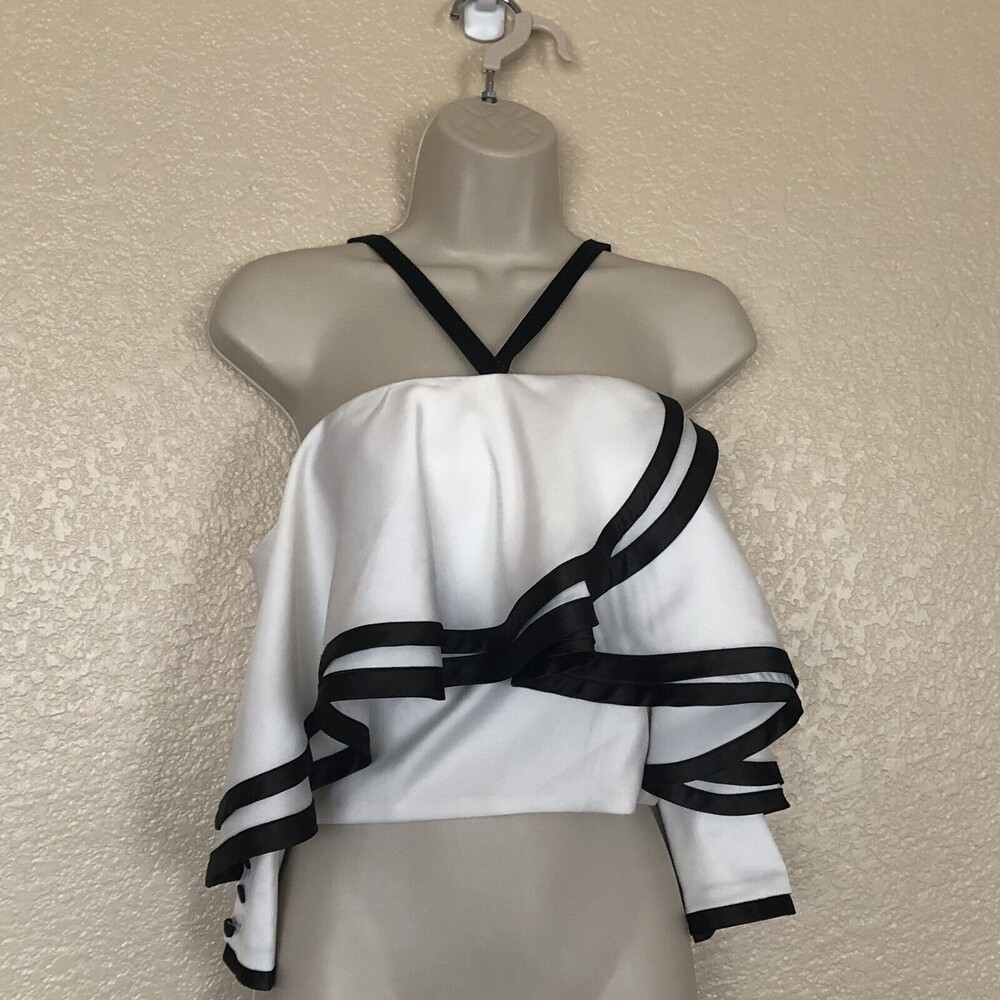 Haute Rogue Satin Black White Crop Ruffle Halter Off Shoulder Top S New